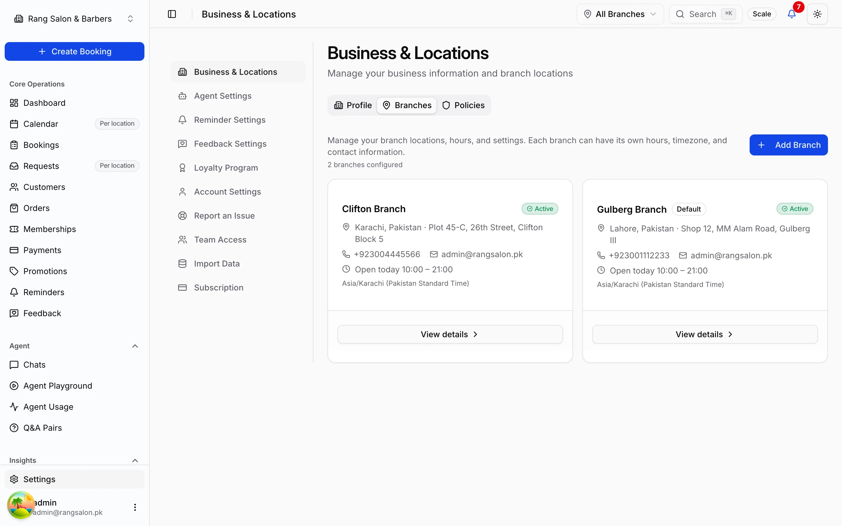 Business and locations settings showing branch hours in Pitstop
