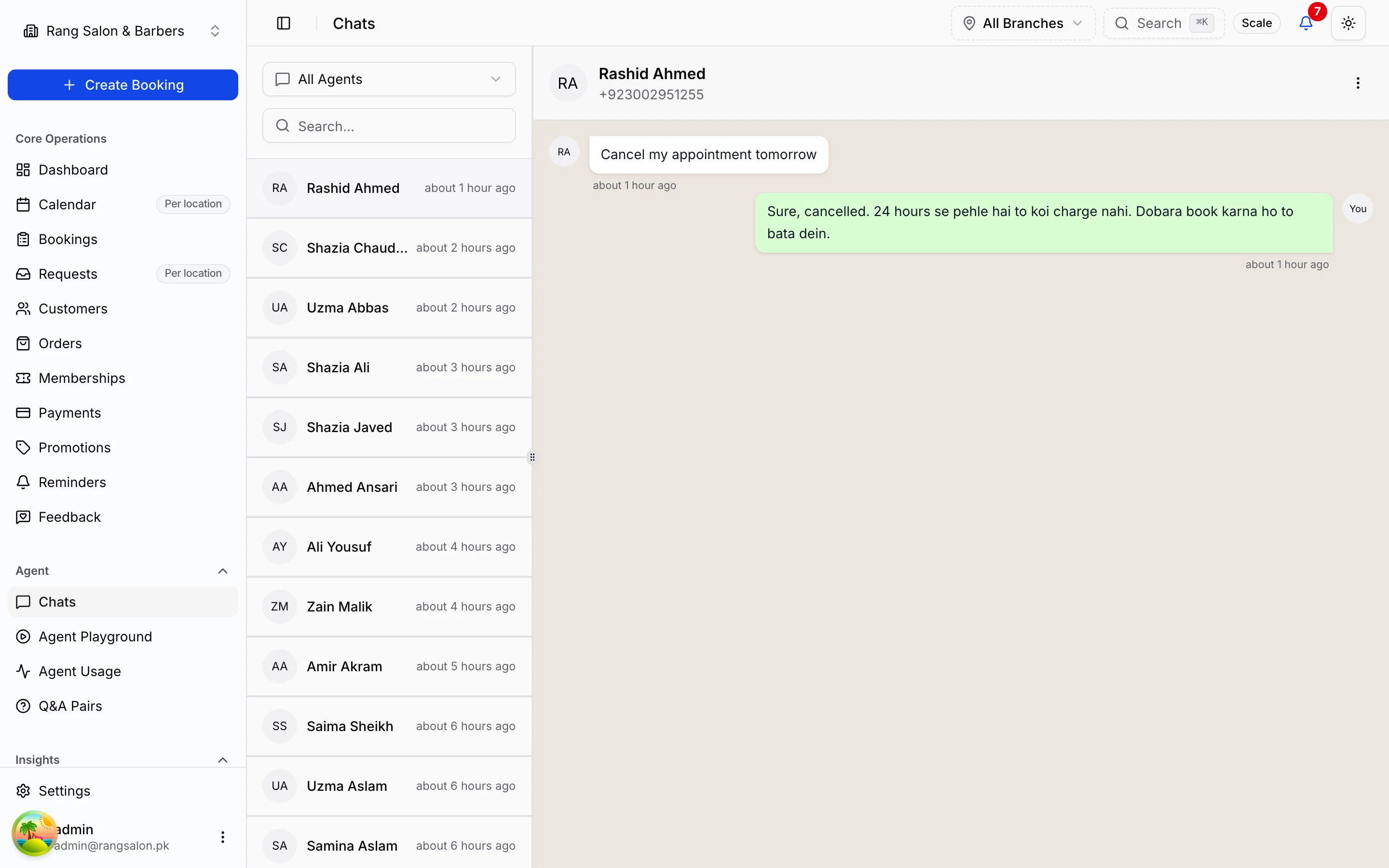 Chats inbox showing a WhatsApp conversation with booking messages