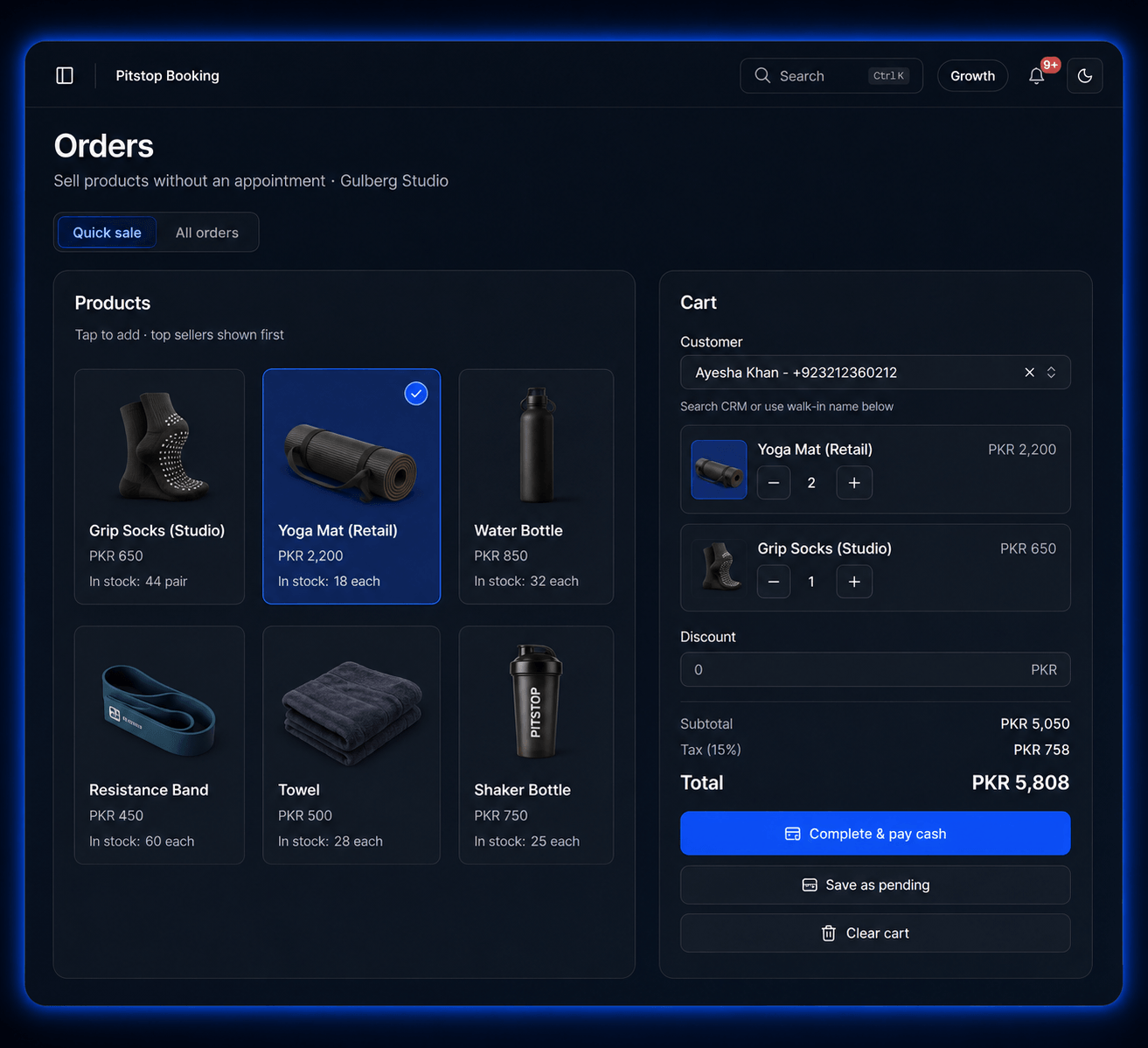 Pitstop orders screen for retail products, checkout, and payments