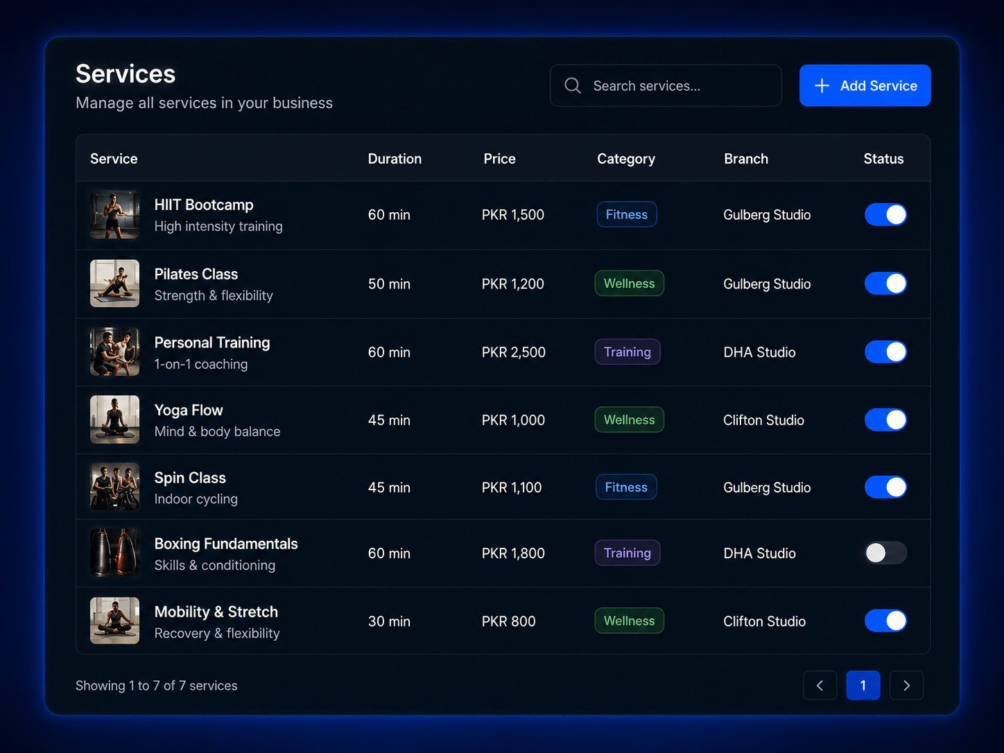Pitstop services screen with service catalog, pricing, and availability settings