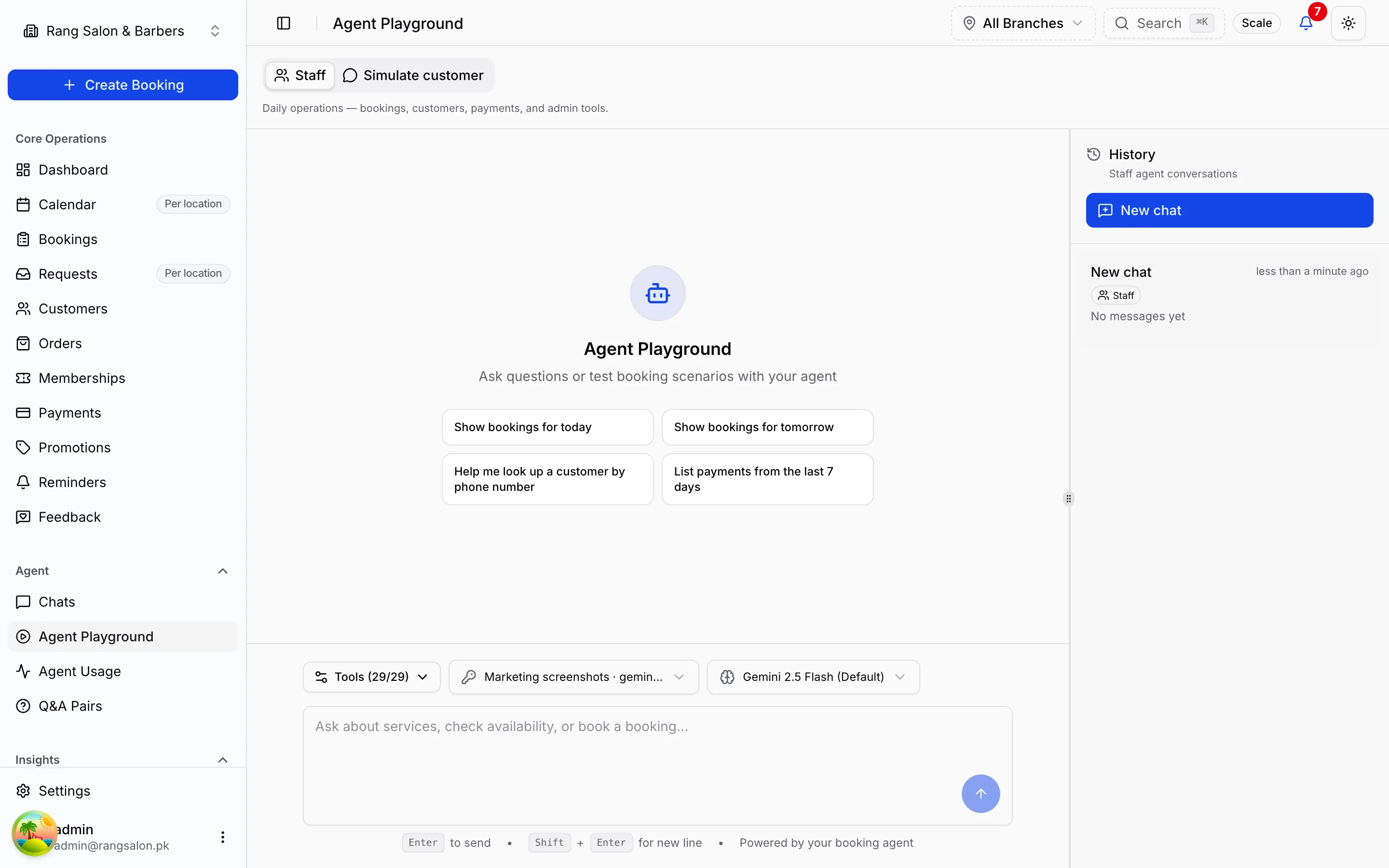 Agent Playground showing a test conversation with the AI booking agent