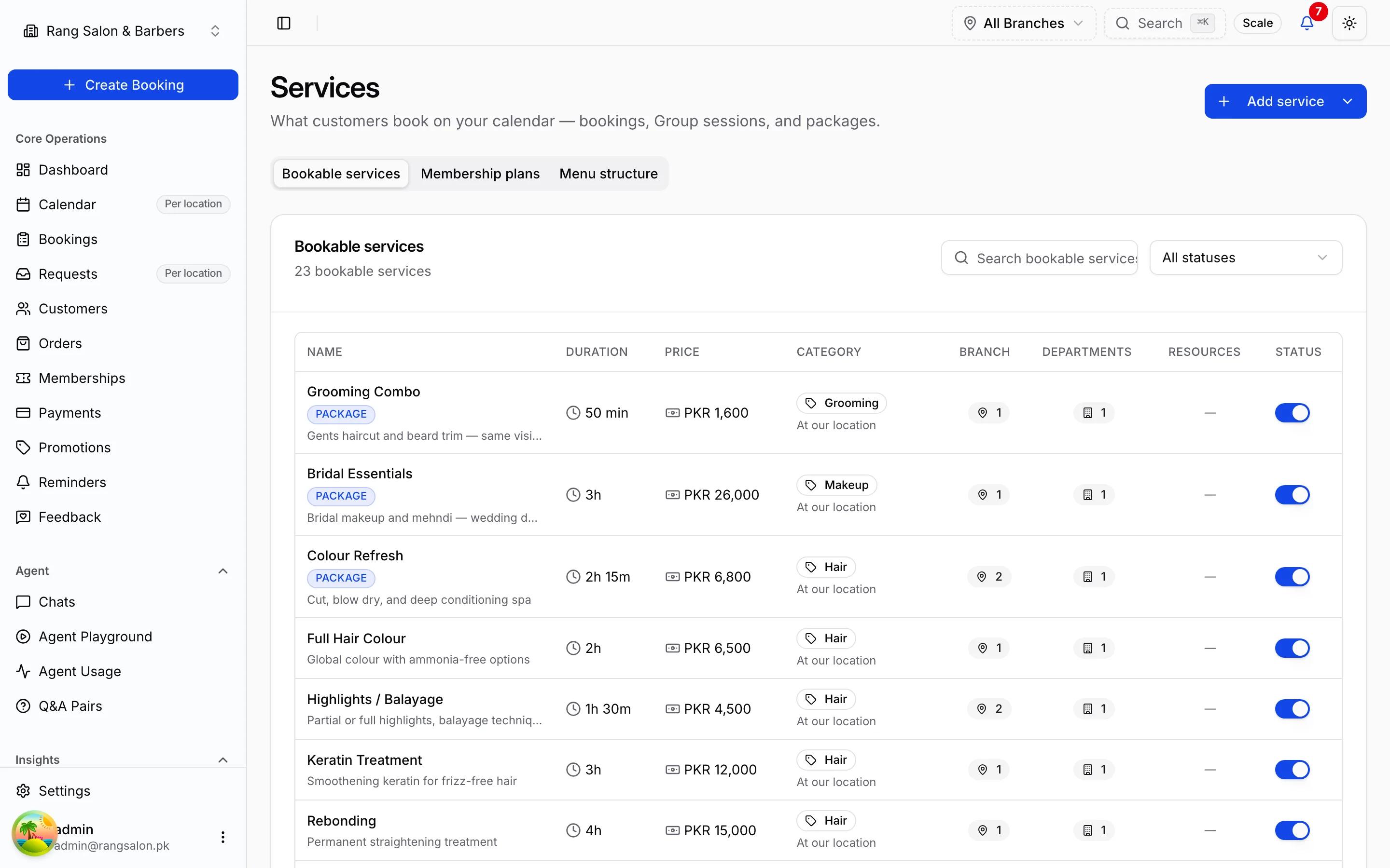 Services list in Pitstop showing bookable services and packages