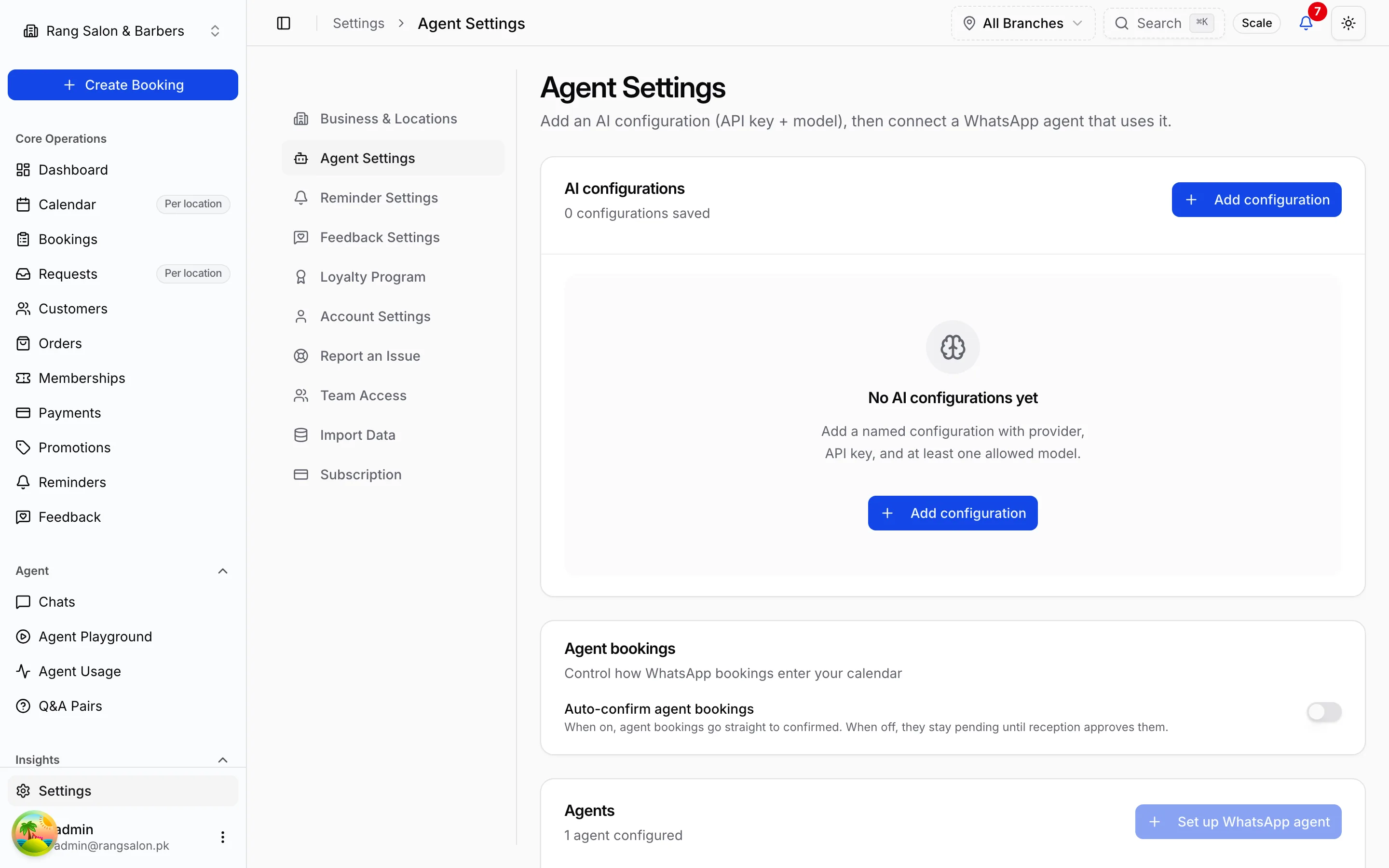 Pitstop Agent Settings page with WhatsApp connection configuration